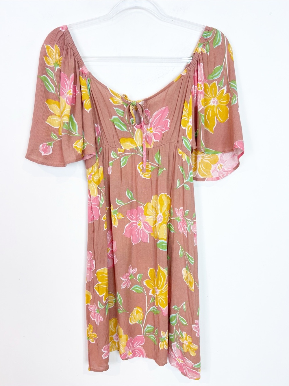 BILLABONG BROWN YELLOW PINK FLORAL PRINT SHORT FLUTTER SLEEVE DRESS SZ MEDIUM